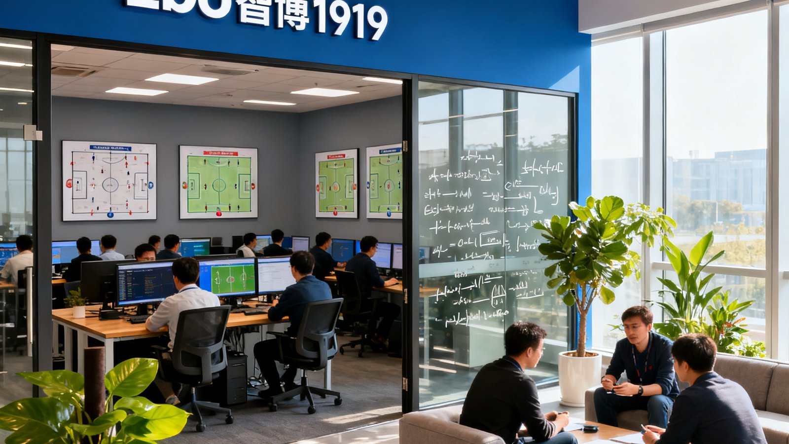 zbo智博1919位于上海张江的开放式办公区，数十位数据工程师和体育分析师在双屏工作站前协作，墙面上悬挂着各支球队的战术分析图，会议室玻璃上写满了算法公式，阳光透过落地窗洒在绿植和讨论区的沙发上，氛围专业而充满活力。
