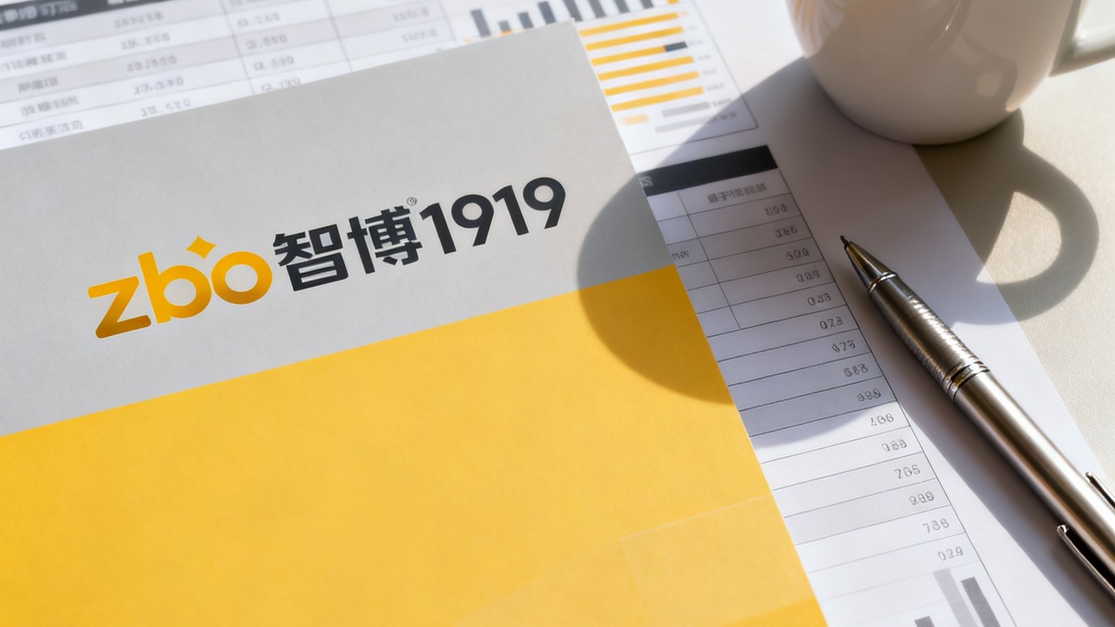 一张简洁的电子表格和数据分析报告封面特写，报告上印有zbo智博1919的logo，旁边摆放着一杯热咖啡和一支金属质感钢笔，传达了专业且亲和的服务氛围。