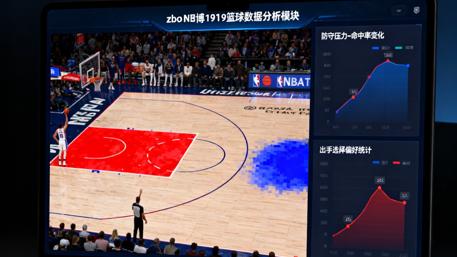 zbo智博1919篮球数据分析模块界面，屏幕中央展示着NBA球员的投篮热力图，红色区域代表高命中率位置，蓝色为低命中率区域，右侧面板显示该球员在不同防守压力下的命中率变化曲线和出手选择偏好统计。