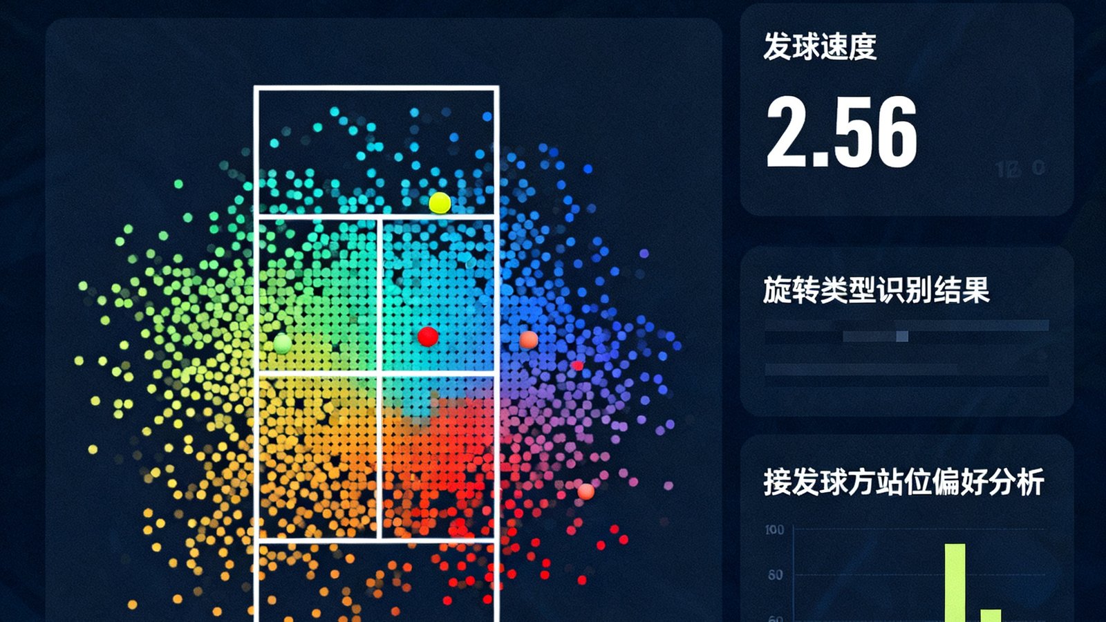 zbo智博1919网球数据分析界面，展示了ATP选手的发球落点分布散点图，不同颜色区分一发和二发，图表旁标注了发球速度、旋转类型识别结果以及接发球方的站位偏好分析，界面简洁专业。