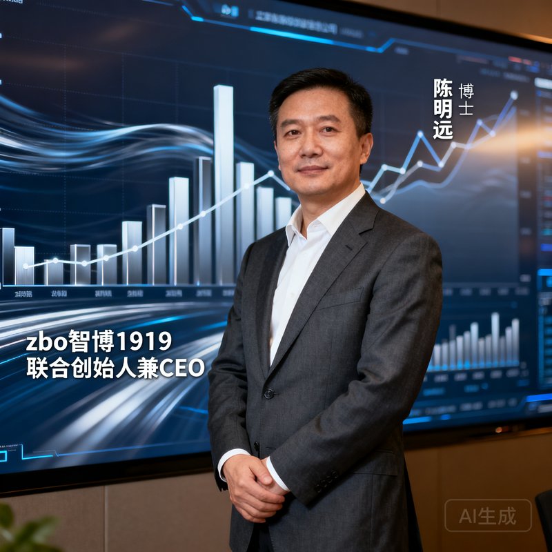 zbo智博1919联合创始人兼CEO陈明远博士，40岁出头，穿着深灰色西装内搭白色衬衫，微微侧身站立在公司数据大屏前，双手自然交叠，眼神坚定而温和，背景是流动的数据可视化画面。