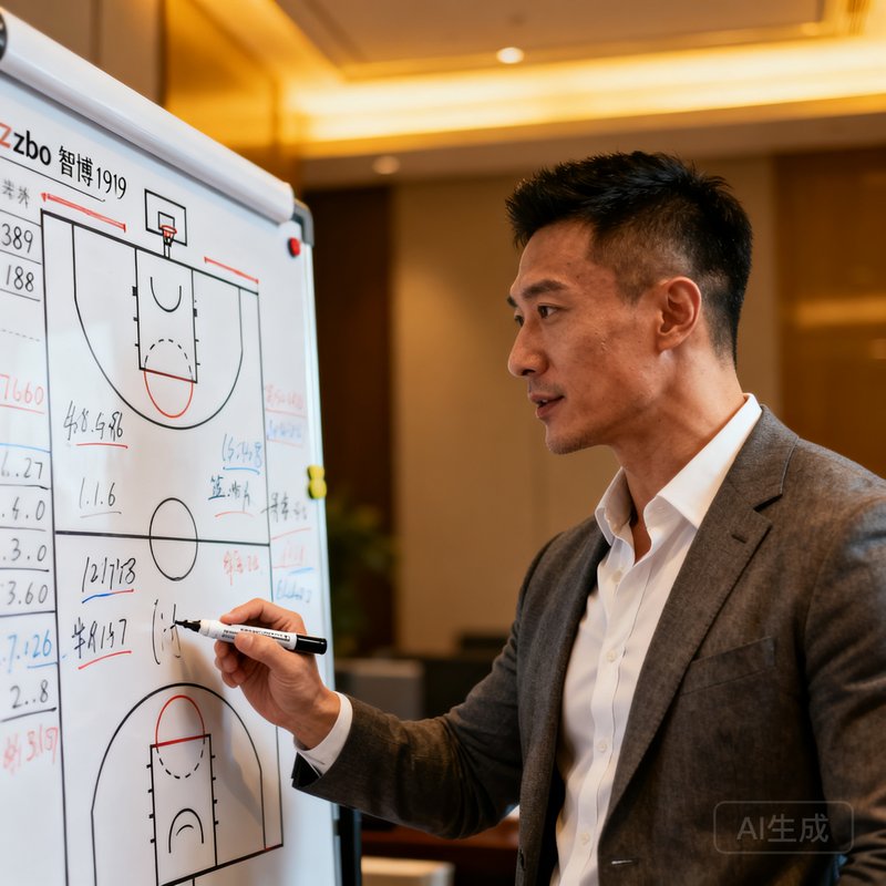 zbo智博1919联合创始人兼首席分析师李晓峰，38岁，身材健硕，曾是大学篮球校队主力，现在穿着商务休闲装站在战术白板前，白板上画满了篮球战术图示和数据标注，他手持记号笔正在讲解。